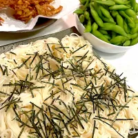 おっさん飯　ひやむぎ　天ぷら　枝豆| ひげおやじさん