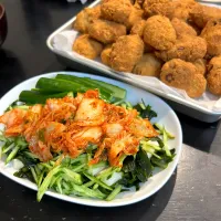 おからナゲットとキムチ豆腐。味噌汁はカブ。|hanakoさん