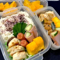 ゆかりご飯、たまご焼き、ウインナー、きゅうりのハム巻き、蓮根挟み焼き、椎茸の肉詰め、大学カボチャ、オレンジ|きらきらさん