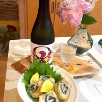 山口県産　鱧の大葉と梅の天ぷら　周南市の日本酒「防長鶴」純米大吟醸|izunさん