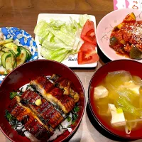 ひつまぶし　レタスと豆腐の味噌汁　冷製ラタトゥイユ　レタスと粉チーズのサラダ　きゅうりと竹輪のおかか和え|おさむん17さん