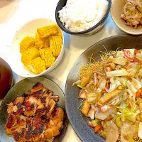 おっさん飯　皿うどん　照り焼きチキン　ちゅ|ひげおやじさん