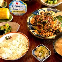 晩ごはん♯ゴーヤチャンプル♯とうもろこし♯日の出みりん|小松菜さん