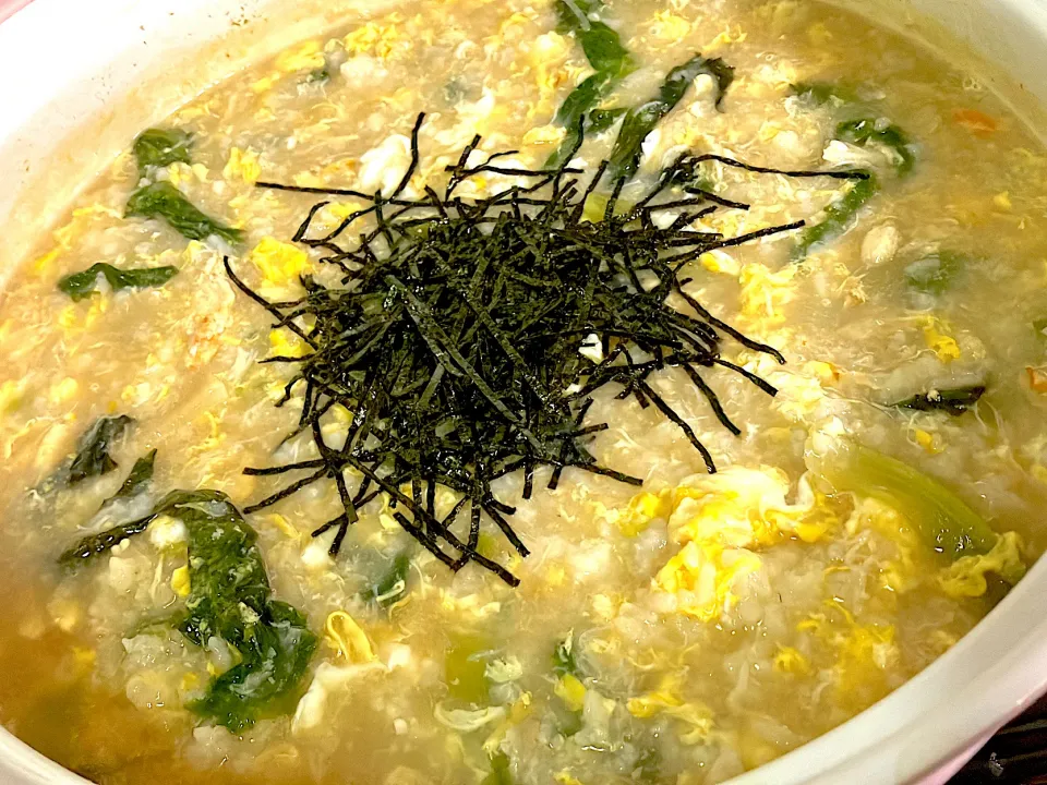 鱈ちりの残りにまる蟹のほぐし身を入れて【蟹雑炊】冷凍庫、冷蔵庫整理料理 アルモンダケデ|🐈⸒⸒⸒⸒つるのダンス🐈🐾さん