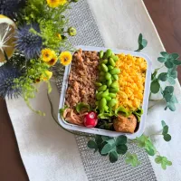 8/6主人の三色そぼろ弁当🌱

＊ 鶏そぼろ
＊ たまごそぼろ
＊ 塩茹で枝豆🫛
＊ ひじきだんご
＊ たらこパスタパスタ
＊ ほうれん草の胡麻和え|Makinsさん