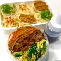 冷やしうどん🍱牛ゴボウきんぴら小松菜卵丼|ᗩTՏᑌKOママさん