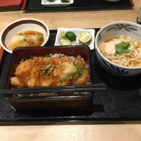 すだちおろしタレかつ重、生ゆばとすだちの冷やし小うどん(冷)+クリームあんみつのセット(夕飯、かつ庵)|enarinさん