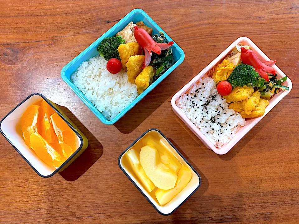 夏休み弁当(厚揚げキャベツ、ナゲット、ニラたま、ブロッコリー、かぼちゃサラダ、オレンジ、りんご)|cocomikaさん