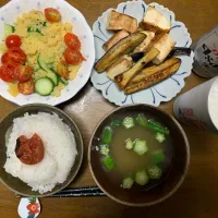 夕食　ナスと豆腐炒め　ビール🍺| ATさん