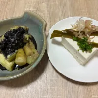 イカ墨ソースの焼きナス、湯豆腐（ミョウガとネギと昆布）| mikaFuku_食生活見直しさん