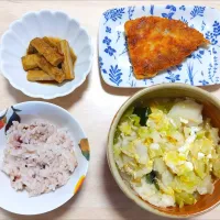 2025 0807　アジフライ　キャベツと水餃子の卵スープ　ごほうの中華風焼きびたし|いもこ。さん