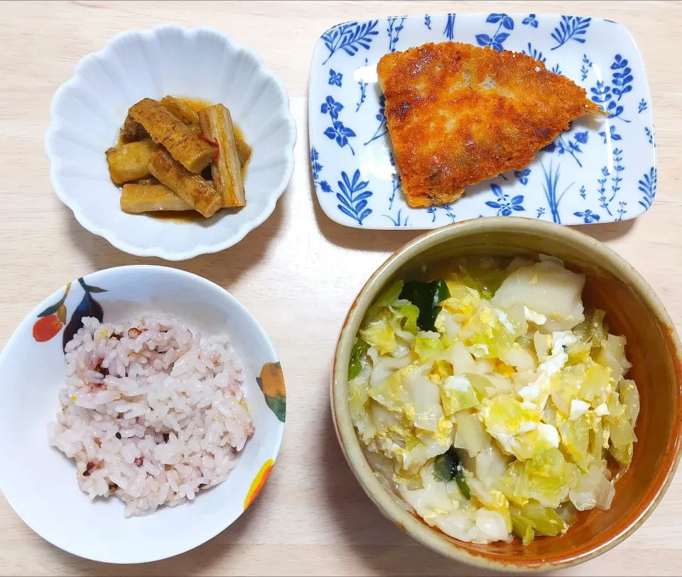 2025 0807　アジフライ　キャベツと水餃子の卵スープ　ごほうの中華風焼きびたし|いもこ。さん