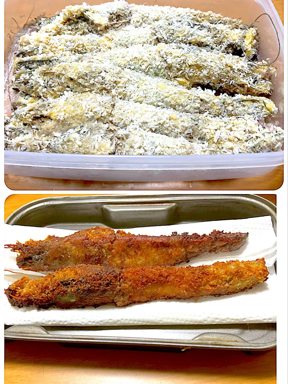 作ったまま冷凍しといた【有難みが微妙に感じられないエビフライ】冷凍庫の底にあったので忘れてた💦しかも何を思ったのかしっぽも頭も衣付けてた😅 半額494円で買った特大ブラックタイガー頭付き 大失敗|🐈⸒⸒⸒⸒つるのダンス🐈🐾さん