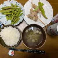 夕食　焼きとり、枝豆🫛ビール🍺|ATさん