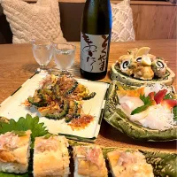 山口県のお酒　東洋美人　とくやまものがたり　鱧の押し寿司　鱧の天ぷら　ゴーヤチャンプル　貝の刺身| izunさん