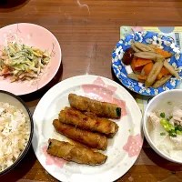ズッキーニのスティック肉巻き　豚バラとスライス大根のスープ　ごぼうと椎茸の旨煮　ごぼうサラダ|おさむん17さん