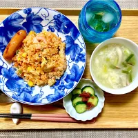 夕飯 えびピラフとリメイクスープ|ふわふわさん
