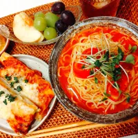 冷やしトマトラーメン、マルゲリータ、茹でとうもろこし、果物盛り合わせ|samさん