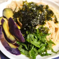 レンチン茄子のぶっかけ素麺(めんつゆ味)