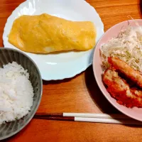ささみカツ（揚げ焼き）ととん平焼きならぬツナとキャベツの薄焼き卵包み〜ソースマヨをかけて〜|めぐさん