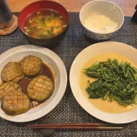 青ナスのバター醤油ステーキ・空芯菜炒め・豆腐とニラの味噌汁|a-parkさん