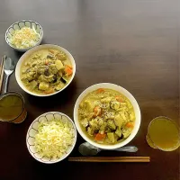 鶏もも、人参、じゃがいも、茄子のココナッツカレーきしめん　今日は荒天のため一歩も外に出ず、冷蔵庫や戸棚にあるものだけで作りました。メープロイ🇹🇭のグリーンカレーペーストがなかったのでMDH🇮🇳のミートカレーマサラで代用しました。また、ご飯は重いのできしめんにしました。|なびさん
