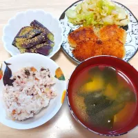 2025 0811　マグロの漬けカツ　キャベツの梅おかかポン酢　蒸しなすの白だし和え| いもこ。さん