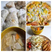 ☆今日の3食☆朝:お握り三種(残りは冷凍)、豚汁昼:ピザ 、夜:鯵フライキャベツ、トマト、ごはん、豚汁、|ｼｮｺﾗさん