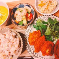 お豆腐のチーズチキンナゲット、スパゲッティサラダ、海老とアボカドのマリネ、かぼちゃの冷製スープ|samさん