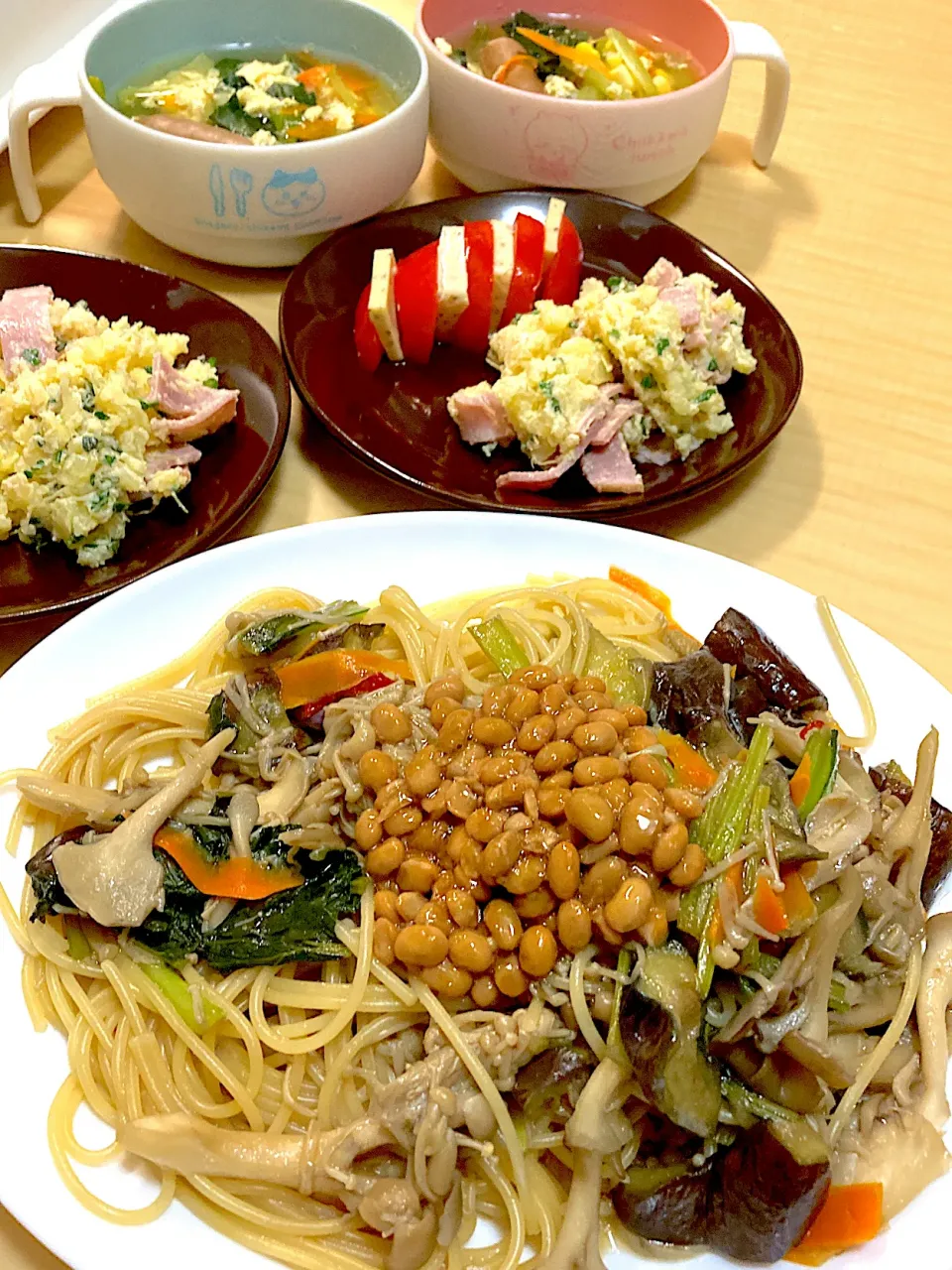 納豆パスタ&ポテサラ.チートマ&コンソメスープ|なおさん