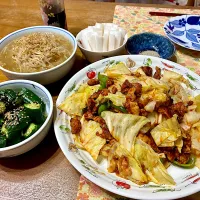 夕飯〜回鍋肉、もやしのナムル、蛇腹きゅうりの浅漬け|おさむさん