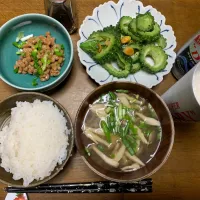 夕食　お盆精進ゴーヤ炒め定食