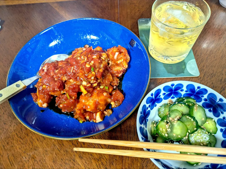 鶏チリときゅうりの梅和え😋|jpsさん