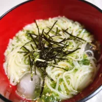 すりおろしきゅうりのひやむぎ(白だし、生姜チューブ味)