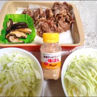 豚唐揚げ、焼き椎茸を無限さっぱりスパイス味ぽんで。キャベツと。|m.rafuさん