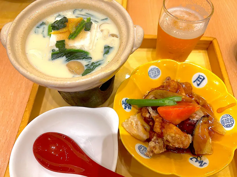 豆乳豆腐、鶏と野菜の健康黒酢あんかけ、ビール|はるかさん