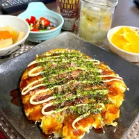 8/19晩酌：海老玉お好み焼き