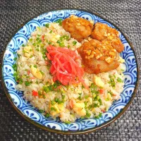 干し海老かに玉チャーハンと油淋鶏でムスコの置きランチ