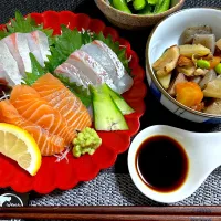 お刺身3種盛り（サーモン、鯛、ブリ）筑前煮、枝豆|はるかさん