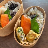 今日のお弁当♪新潟県村上市の塩漬け銀シャケとオクラとモロヘイヤの卵焼き|笙　みかんさん