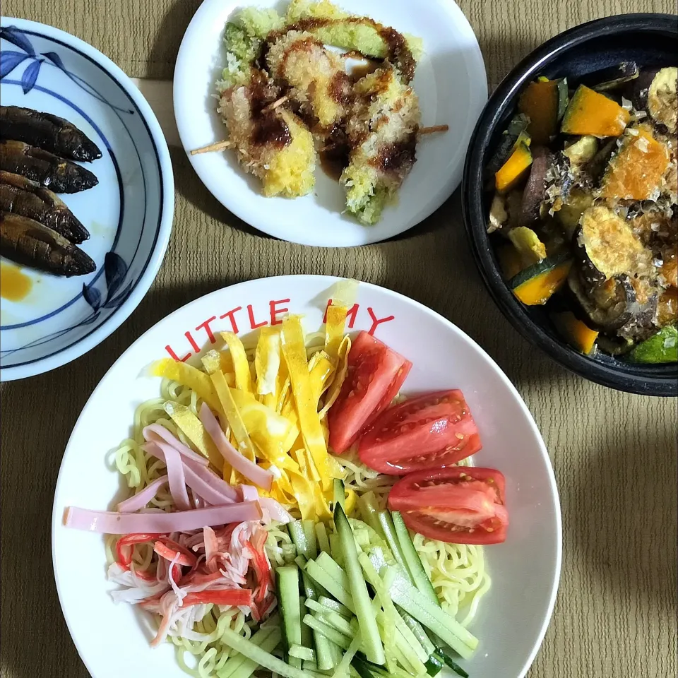 🌛*゜冷やし中華 / カボチャとナスの焼き浸し / アスパラベーコンフライ / アユ甘露煮|Ayakaさん