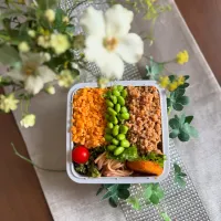 8/21❤︎主人の三色そぼろ弁当🌱
今日も暑そうね🙇‍♀️💦

＊ 鶏そぼろ
＊ たまごそぼろ
＊ 塩茹で枝豆🫛
＊ 海老寄せフライ
＊ たらこパスタパスタ
＊ ほうれん草の胡麻和え|Makinsさん
