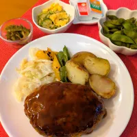 ☆ハンバーグ　☆ゴーヤ佃煮　☆キュウリ酢味噌和え　☆枝豆　☆プチチーズ|chikakoさん