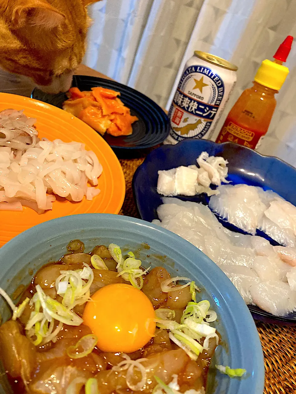 釣魚ヒラメをお刺身とユッケ、美味しそうなスルメイカをお刺身にして、お買い得黒ミル貝のお刺身も加えて乾杯です😋🍻💕✨|アイさん