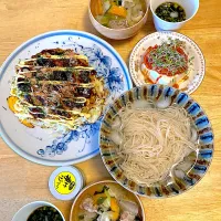 米粉のお好み焼き♡島原小町冷やし素麺♡キムチ奴♡豚汁♡|さくたえさん