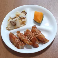 白菜としいたけの甘酢あん、かぼちゃ、手羽中のオイスター味噌炒め|ナナさん