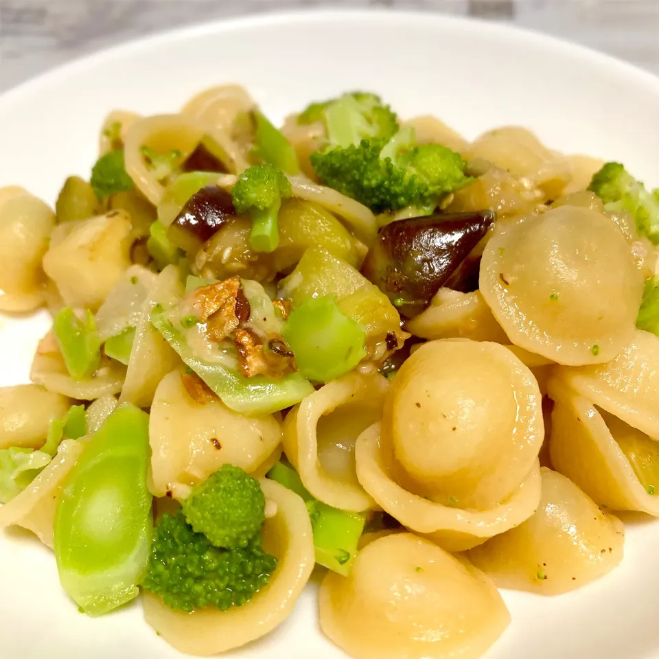 ブロッコリーと茄子のオレキエッテ|あーるさん