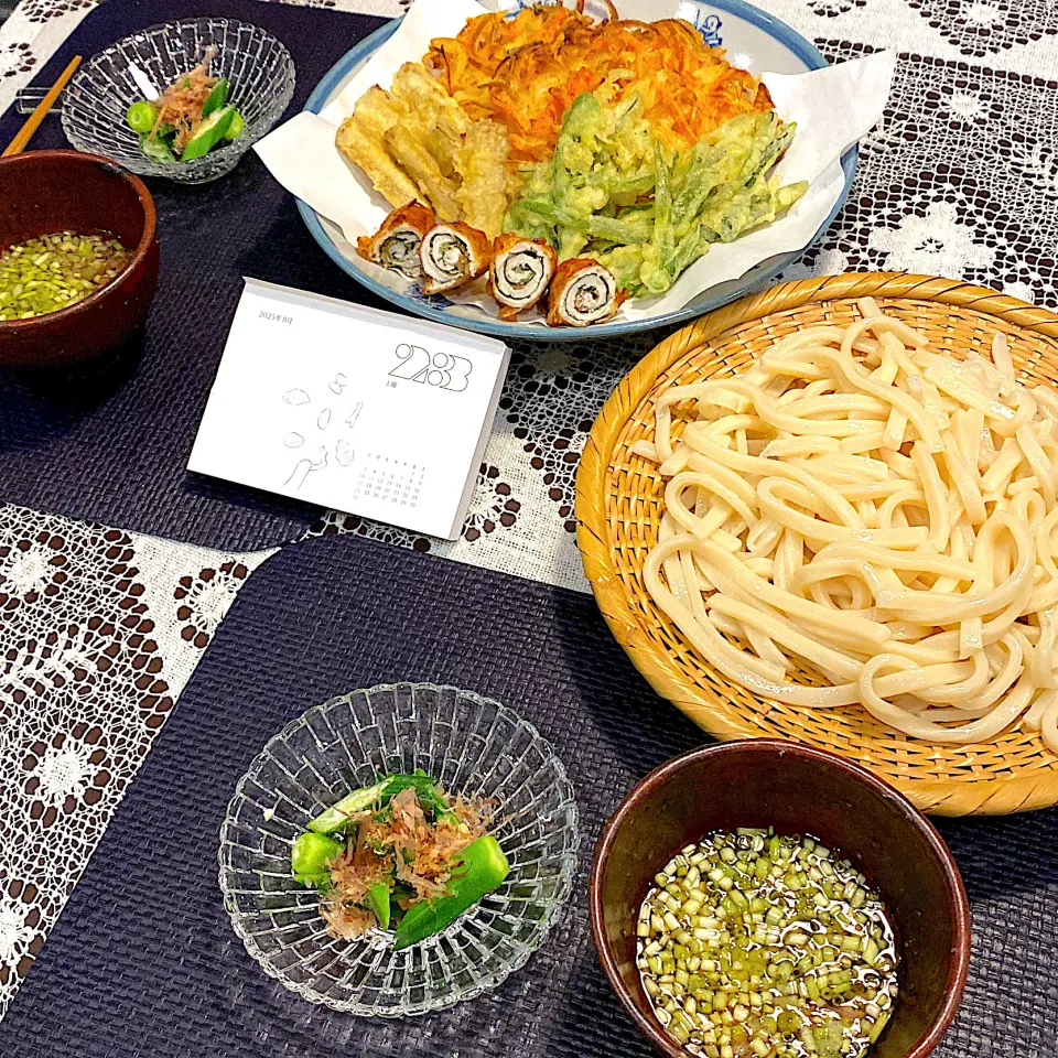 ササミ梅紫蘇巻き、精進揚げ、水沢うどん|papinさん