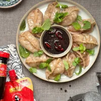 牛セロリ餃子、オイスターソース黒酢ダレ
