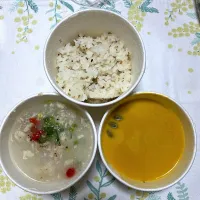 東京参鶏湯、北海道かぼちゃスープ、白胡麻ご飯少なめ